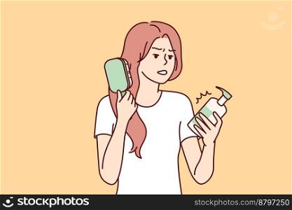 Woman combing hair out of frustration reads composition of cosmetic product containing dangerous chemicals. Shocked girl caring for hair looks disappointed at cream or hair gel. Flat vector design. Woman combing hair out of frustration reads composition of cosmetic product. Vector image