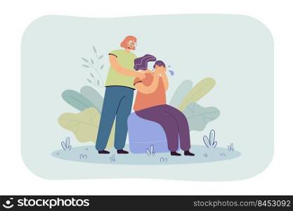 Woman comforting crying friend and touching her shoulders. Girl suffering from anxiety, loneliness, trying to cope with depression or loss. For support, empathy, compassion, stress concept