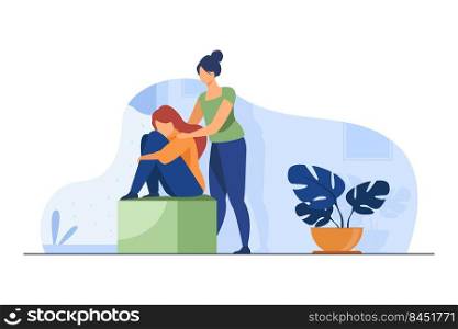 Woman comforting depressed friend. Giving support to upset mate flat vector illustration. Friendship, depression, help concept for banner, website design or landing web page