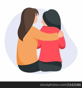 Woman comforts her friend. Girl has covered her face with her hands and is crying. Support during depression and stress. Sympathy.