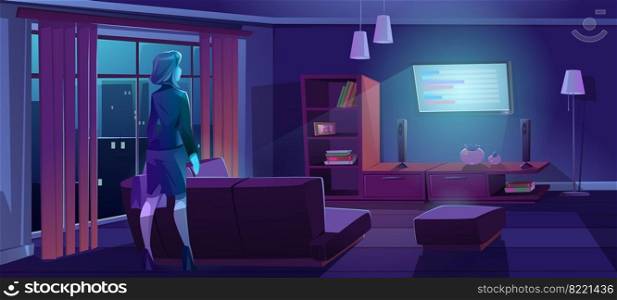 Woman coming home from work and watch tv at night. Vector cartoon illustration of dark living room interior with glowing television screen, sofa and businesswoman with bag. Woman coming home from work and watch tv at night