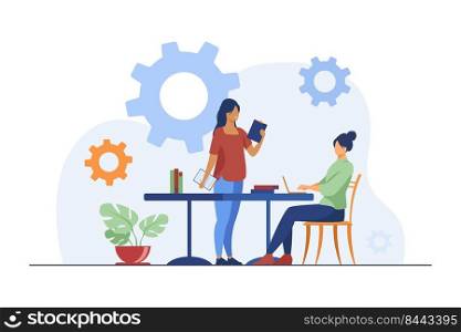 Woman coming to other woman with ideas for project. Work, office. Flat vector illustration. Business and project concept can be used for presentations, banner, website design, landing web page
