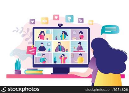 Woman communicates with colleagues via video call. Desktop computer with group of people taking part in video conference. Concept of virtual work meeting and videoconferencing.Flat vector illustration. Woman communicates with colleagues via video call. Desktop computer with group of people taking part in video conference