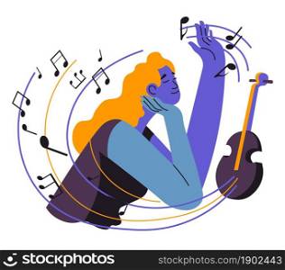 Woman composing melodies and playing songs on violin. Female character with talent for music and creative arts. Inspiration of artist. Notes surrounding lady with instrument. Vector in flat style. Female character playing on violin, song composer
