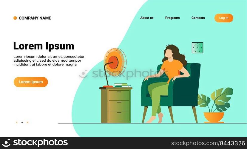 Woman conditioning air at home, feeling hot, trying to cool and sitting gat fan. Vector illustration for summer weather, home appliance, heat room concept