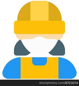 Woman construction worker wearing mask and headgear.
