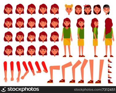 Woman constructor, set of female faces, body parts, front back side view character emotions vector. Positive and negative mood, energetic and tired. Woman Constructor, Set of Female Faces, Body Parts