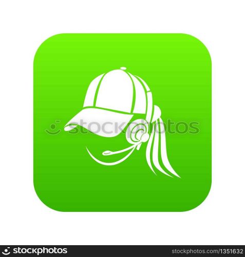 Woman consultant in headphones icon green vector isolated on white background. Woman consultant in headphones icon green vector