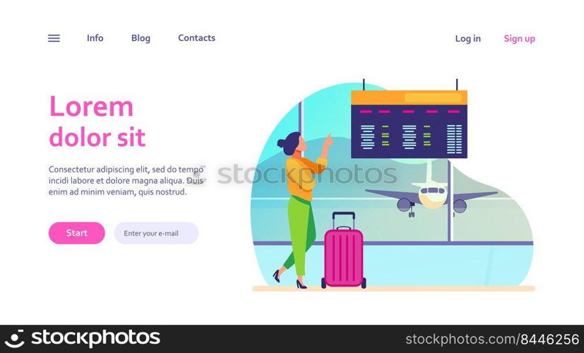 Woman consulting departure digital board in airport. Tourist with suitcase waiting boarding flat vector illustration. Travel, vacation concept for banner, website design or landing web page