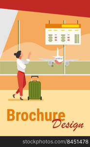 Woman consulting departure digital board in airport. Tourist with suitcase waiting boarding flat vector illustration. Travel, vacation concept for banner, website design or landing web page