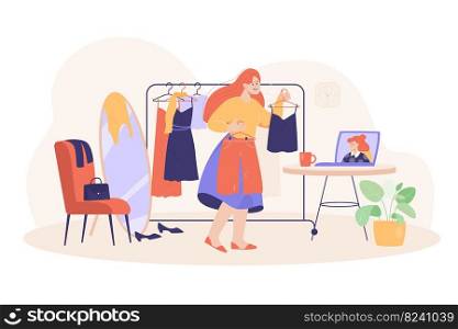 Woman consulting with personal stylist online. Stylist helping client to choose clothes. Consultant on computer screen flat vector illustration. Fashion, choice, wardrobe concept