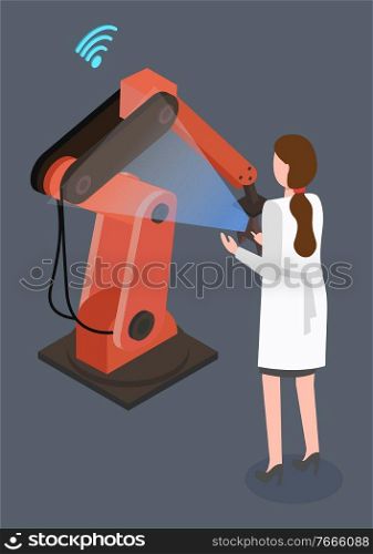 Woman control condition of robotic device. Worker of factory, operator scan mechanism with wireless controller. Factory use robotic machines in automated production. Vector illustration in flat style. Woman Scanning Robotic Mechanism, Tech Industry