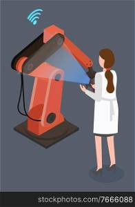Woman control condition of robotic device. Worker of factory, operator scan mechanism with wireless controller. Factory use robotic machines in automated production. Vector illustration in flat style. Woman Scanning Robotic Mechanism, Tech Industry