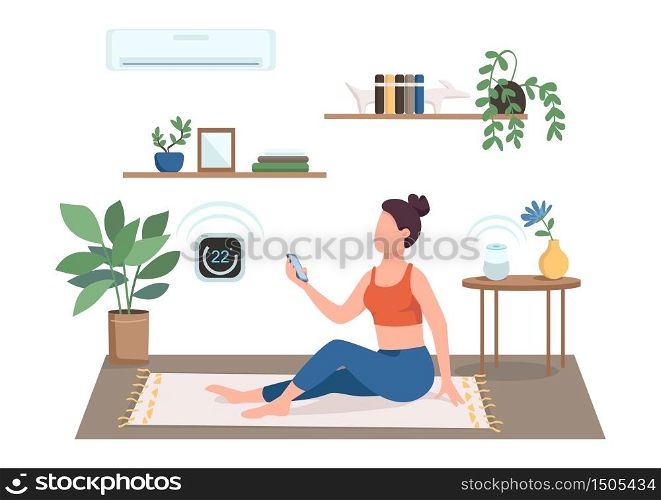 Woman controlling air conditioning flat color vector faceless character. Girl adjusting thermostat for workout. Smart climate control isolated cartoon illustration for web graphic design and animation