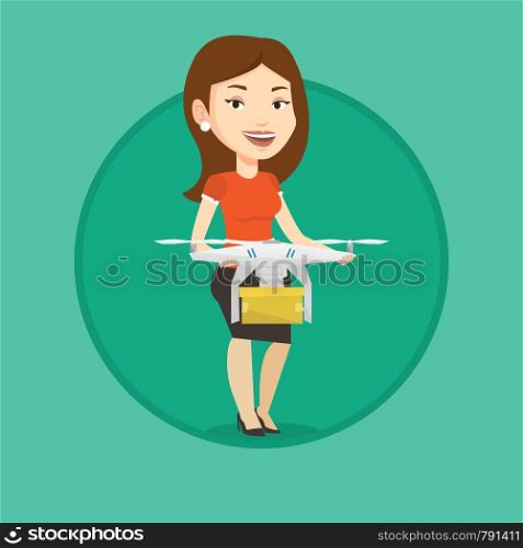 Woman controlling delivery drone with parcel. Woman getting parcel from delivery drone. Woman sending parcel with delivery drone. Vector flat design illustration in the circle isolated on background.. Woman controlling delivery drone with post package