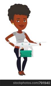 Woman controlling delivery drone with parcel. Woman getting post package from delivery drone. Woman sending parcel with delivery drone. Vector flat design illustration isolated on white background.. Woman controlling delivery drone with post package