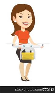 Woman controlling delivery drone with post package. Woman getting parcel from delivery drone. Woman sending parcel with delivery drone. Vector flat design illustration isolated on white background.. Woman controlling delivery drone with post package