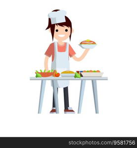 Woman cook holding platter of food. Work as chef in restaurant. Table with trays of fruit and vegetables. Element of the kitchen. Flat cartoon. Woman cook holding platter