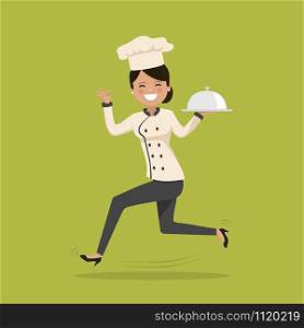 Woman cook running with platter. Flat vector illustration