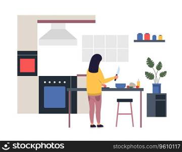Woman cooking at home, girl at kitchen. Vector of girl cook, happy cooking meal, character chef cartoon, dinner of preparation at table illustration. Woman cooking at home, girl at kitchen