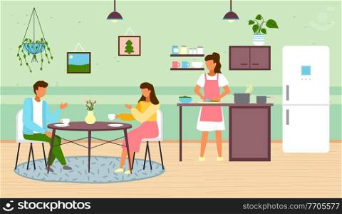 Woman cooking at kitchen. Female preparing food at home. Young people drinking coffee or tea sitting at table and communicating. Family spend time at kitchen, dinner, lunch, breakfast concept. Woman cooking at kitchen, female preparing food at home, young people drinking coffee or tea