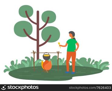 Woman cooking in pot on fire outdoors isolated cartoon character in summer forest. Vector woman preparing soup on bonfire, female making dinner on picnic. Flat cartoon. Woman Cooking in Pot on Fire Outdoors in Forest