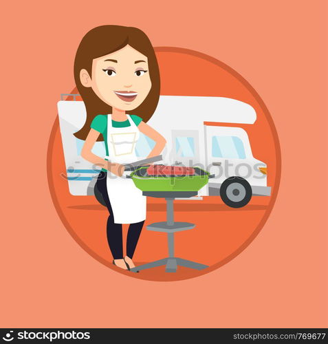 Woman cooking steak on barbecue grill on the background of camper van. Woman travelling by camper van and having barbecue party. Vector flat design illustration in the circle isolated on background.. Woman having barbecue in front of camper van.