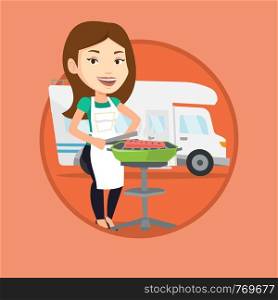 Woman cooking steak on barbecue grill on the background of camper van. Woman travelling by camper van and having barbecue party. Vector flat design illustration in the circle isolated on background.. Woman having barbecue in front of camper van.