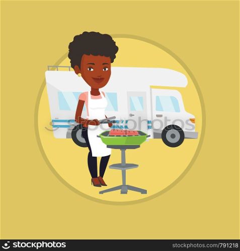 Woman cooking steak on barbecue grill on the background of camper van. Woman travelling by camper van and having barbecue party. Vector flat design illustration in the circle isolated on background.. Woman having barbecue in front of camper van.