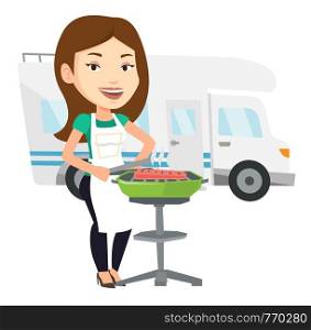 Woman cooking steak on the barbecue grill on the background of camper van. Young woman travelling by camper van and having barbecue party. Vector flat design illustration isolated on white background.. Woman having barbecue in front of camper van.
