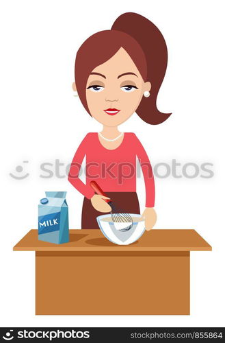 Woman cooking with milk, illustration, vector on white background.