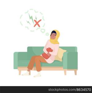 Woman coping with menstrual pain semi flat color vector character. Editable figure. Full body person on white. PMS simple cartoon style illustration for web graphic design and animation. Woman coping with menstrual pain semi flat color vector character