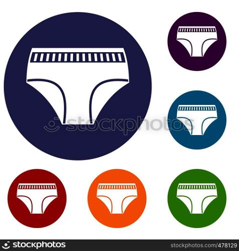 Woman cotton panties icons set in flat circle red, blue and green color for web. Woman cotton panties icons set