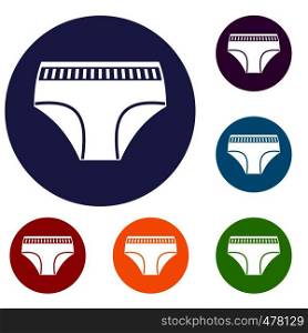 Woman cotton panties icons set in flat circle red, blue and green color for web. Woman cotton panties icons set