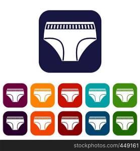 Woman cotton panties icons set vector illustration in flat style In colors red, blue, green and other. Woman cotton panties icons set flat