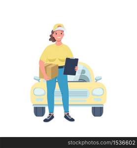 Woman courier flat color vector detailed character. Gender equality at workplace. Cheerful female working in delivery service isolated cartoon illustration for web graphic design and animation. Woman courier flat color vector detailed character