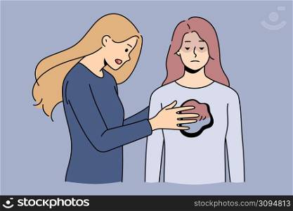 Woman cover with hands close hole in another female give support and help. Concept of psychological and mental aid and counseling. Psychotherapy and psychoanalysis. Vector illustration. . Woman cover whole in another female