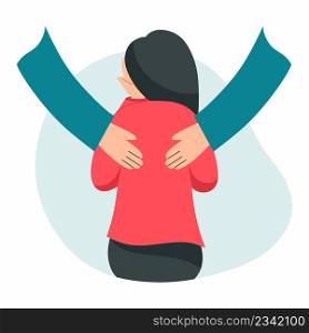 Woman covers face with hands and cries. Friendship and embrace. Support. Vector character in cartoon style. Sympathy, caring and empathy.