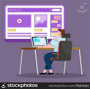 Woman coworker communicating with laptop on workplace. Innovation technology with screen and computer wireless device. Worker female working with pc and web play icon isolated on purple vector. Coworker Communicating with Screen and Pc Vector