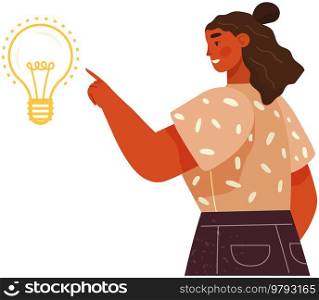 Woman creates new business idea, develops mental mindset. Female character points to huge light bulb. Creation of optimal solution, development of creative thinking, strategy planning concept. Woman creates new business idea, develops mental mindset. Female character points to huge light bulb