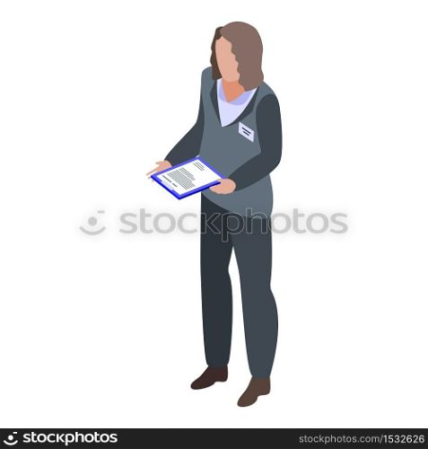 Woman credit teller icon. Isometric of woman credit teller vector icon for web design isolated on white background. Woman credit teller icon, isometric style