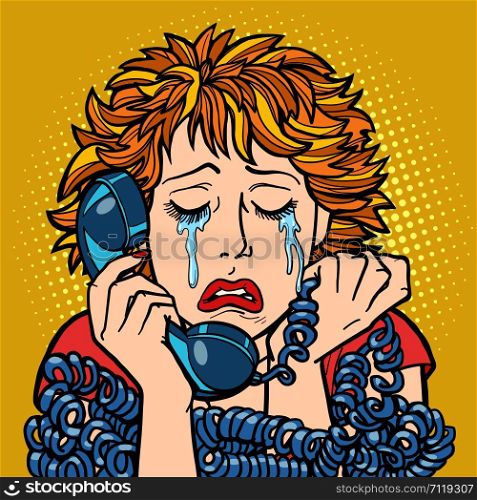 woman crying human emotions. telephone conversation. Comic cartoon pop art retro vector illustration drawing. woman crying human emotions. telephone conversation