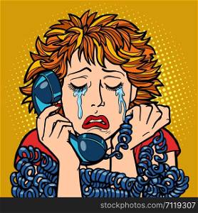 woman crying human emotions. telephone conversation. Comic cartoon pop art retro vector illustration drawing. woman crying human emotions. telephone conversation
