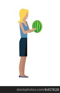 Woman customer character vector template. Flat design. Buyer in grocery shop. Smiling girl with watermelon in hands standing on white background. Consumer choice and shopping in mall concept. . Customer Woman Character Vector Illustration
