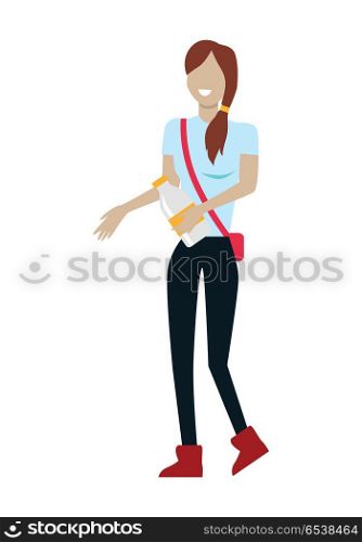 Woman customer character vector template. Flat design. Buyer in grocery shop. Smiling girl with bottle of milk in hand standing on white background. Consumer choice and shopping in mall concept. . Customer Woman Character Vector Illustration. Customer Woman Character Vector Illustration