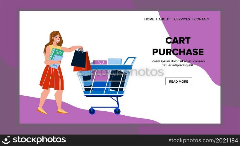 Woman Customer Putting In Cart Purchase Vector. Young Girl Put In Cart Purchase Bag And Box. Character Lady Purchasing In Supermarket And Adding Goods In Market Trolley Flat Cartoon Illustration. Woman Customer Putting In Cart Purchase Vector