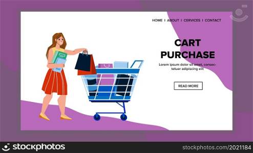 Woman Customer Putting In Cart Purchase Vector. Young Girl Put In Cart Purchase Bag And Box. Character Lady Purchasing In Supermarket And Adding Goods In Market Trolley Flat Cartoon Illustration. Woman Customer Putting In Cart Purchase Vector