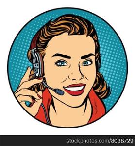 Woman customer support operator. Pop art retro vector, realistic hand drawn illustration. The smile on the face