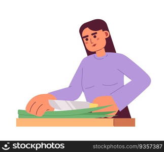 Woman cutting green onion semi flat colorful vector character. Editable half body caucasian cooking person on white. Simple cartoon spot illustration for web graphic design. Woman cutting green onion semi flat colorful vector character