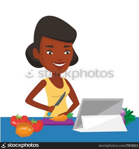 Woman cutting vegetables for salad. Woman following recipe for vegetable salad on digital tablet. Woman cooking healthy vegetable salad. Vector flat design illustration isolated on white background.. Woman cooking healthy vegetable salad.